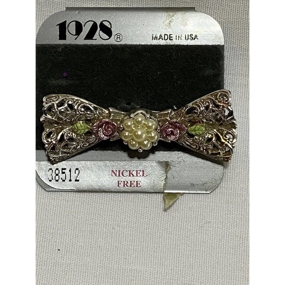 1928 Porcelain Rose Bow Gold Tone Filigree Brooch Pin Small  Vtg.